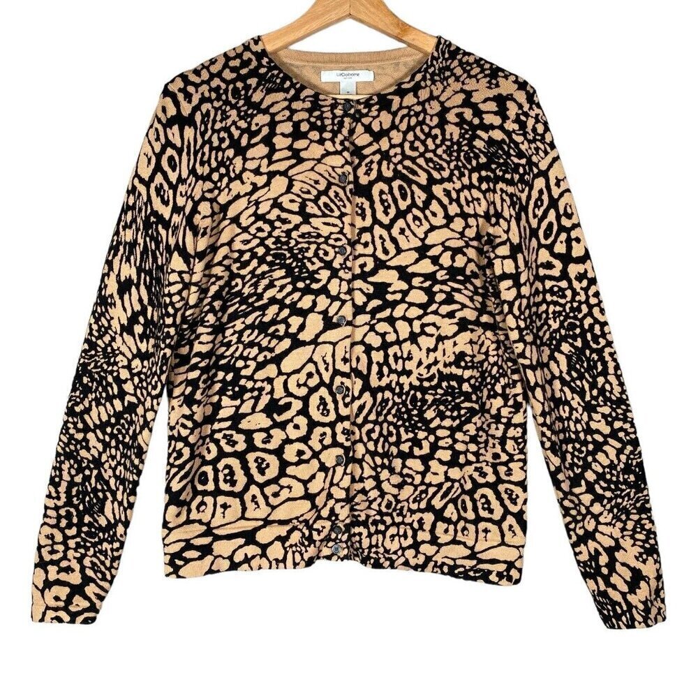 Liz Claiborne Cardigan Sz Medium Thin Cotton Knit Cheetah Leopard Print Sweater